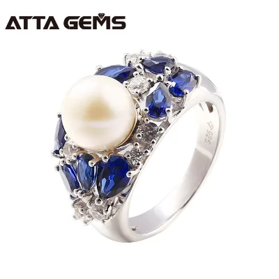 Sapphire Round 8.5mm Natural Freshwater Pearl 7.5gram Ring Designs for Women Wedding Engagement Gift