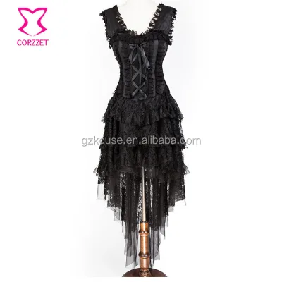 Black Lace Steampunk Corset Skirt Waist Training Burlesque Party Night Costume Gothic Dress
