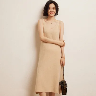Fashion Supplier Camisole Mongolia Cashmere Clothing V-Neck Midi Knit Dress Slouchy Sleeveless Elegant Apparel Vendor