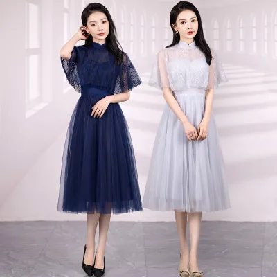 2025 New Gray Gauze Fairy Long Slim-fit Socialite Graduation Party Woman Bridesmaid Dress