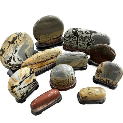 Wholesale Natural Picture Stone Landscape Display Polished Painting Jasper Decorative With Wood Base for Home Ornament