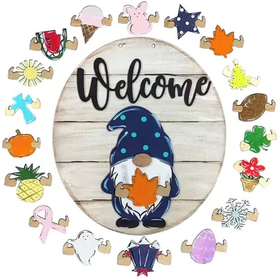 Wooden Round Christmas Welcome Door Signs Christmas Eve Festive Atmosphere Decorative Paintings Hanging Wall Decorations