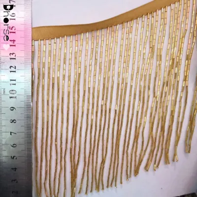 Hot Sell Red and Gold Custom Long Hand Beaded Sew on Fringe Beaded Trim for Curtains