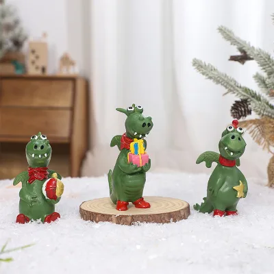 Cute Green Dinosaur Christmas Figurines Set - Adorable Resin Holiday Statues with Gifts & Ornaments for Home Decor