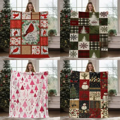 2026 Custom New Christmas Flannel Throw Blanket Pink Polyester American Style Geometric Pattern Four-season Universal