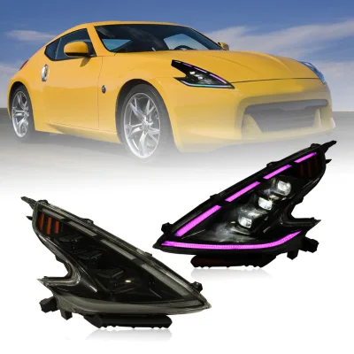 RGB Style Modern LED Projector Headlights for 370Z 2013-2019 Dynamic DRL Sequential Indicators Black Housing Head Lamp Assembly