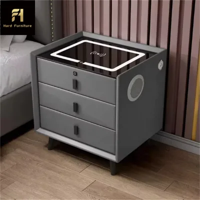 Custom Service Solid Wood Smart Nightstand Wireless Charger Speaker Design Fingerprint Lock Bedside Table