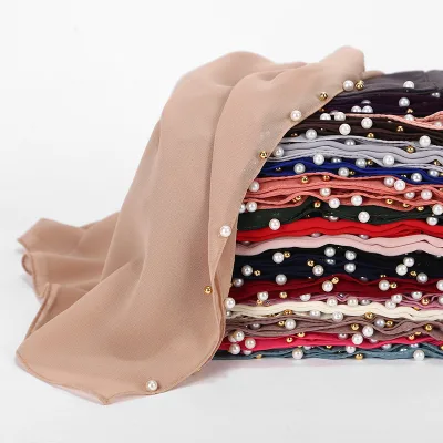 Chiffon 20 Colors Gold and White Pearl Hijabs Islamic Head Wraps Long Muslim Beads Chiffon Plain Hijab Scarf