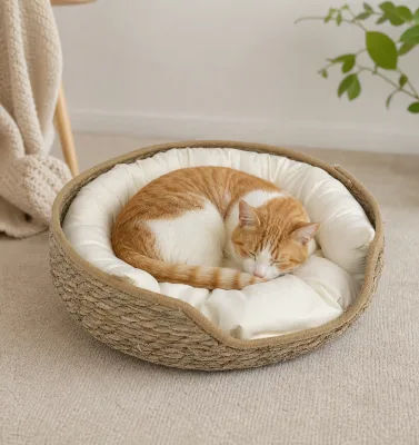 Set of 3 Nested Seagrass Cat Beds With Removable Cushion Optional Neck Support Handwoven Cat Ear Shape