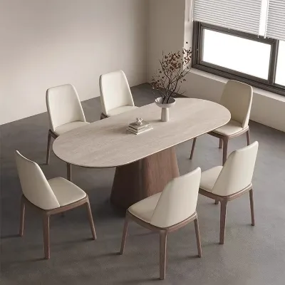 Medieval-Style Wooden Dining Table with Sintered Stone Top, Oval Design for Home Use