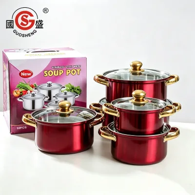 Foreign Trade Hot 10-Piece Stainless Steel Cookware Set with Glass Cover Eco-Friendly Gas & Induction Ready Gold Steel Handles