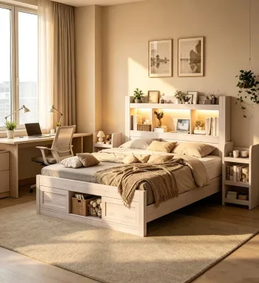 Best Seller Wood Daybed with Bookcase Storage Headboard & Hidden Bedside Racks with Cabinet RGB LED Charging Station