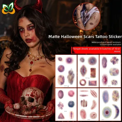 Matte Halloween Scar Tattoo Stickers Realistic Waterproof Party Makeup Face Decals Semi-handmade Logo Customized