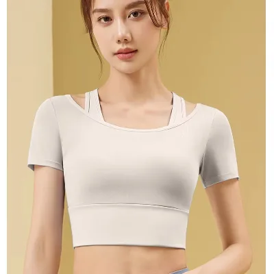 2025 Women's Mesh Training Fitness Top Gym Workout Fake 2 Pieces Yoga Shirt Quick Drying Breathable Short Sleeve Sports Crop Top