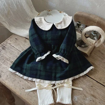 Korean Children's Autumn and Winter Wear Girls' Dress Fashion Versatile Plaid Small Lapel Thickened Dress Girls' Princess Dress