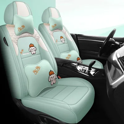 2025 New All Inclusive Cartoon Full Leather Hat Dog Car Cushion All Season Universal Green Car Seat Cover Full Set Women