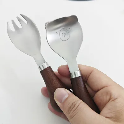 Mini 304 Stainless Steel Wood Handle Kids Cutlery Set Cute Cartoon Fruit Dessert Spoon Fork Children Tableware