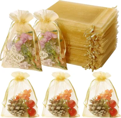 Wholesale HUIHUANG Custom High Quality Polyester Metallic Glossy Tulle Bag Drawstrings Pouches Jewelry Gift Christmas Organza