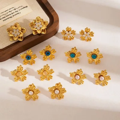French Vintage Style 18K Gold Plated Waterproof Irregular Texture Flower Stainless Steel Stud Earring for Women Fashion Jewelry