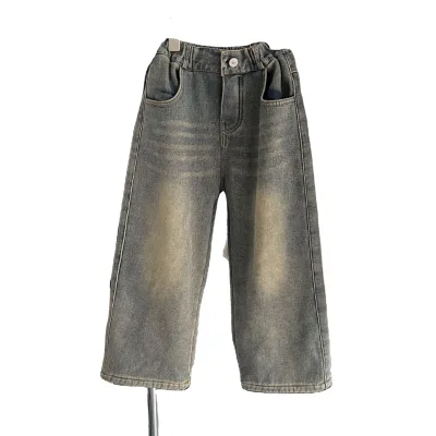 Customized Kids Outdoor Casual Vintage Acid Wash Jeans Trousers Toddler Baby Boys Girls Fleece Warm Thick Wash Denim Jeans Pants