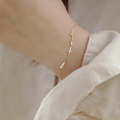 Dainty 925 Sterling Silver Thin Chain Bracelet Gold Plating Water Ripple Splicing Chain Zircon Bracelet for Women Wholesale