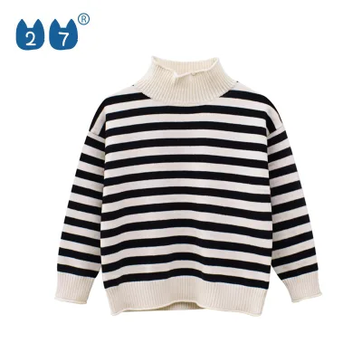 Good Quality Designs Black Khaki Kids Sweaters Striped Turtleneck Boys Sweaters