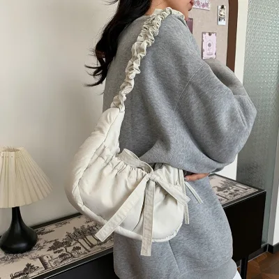One-Shoulder Crossbody Bag Korean-Style Pleated Strap Fashionable Quilted Lazy-Style Underarm Bow Puffer Jacket Zipper Small