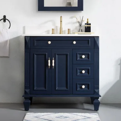 Painted Solid Wood Freestanding Modern Bathroom Vanity Rock Slab Countertop Smart Mirror Copper Drainer Multi Drawer Storage