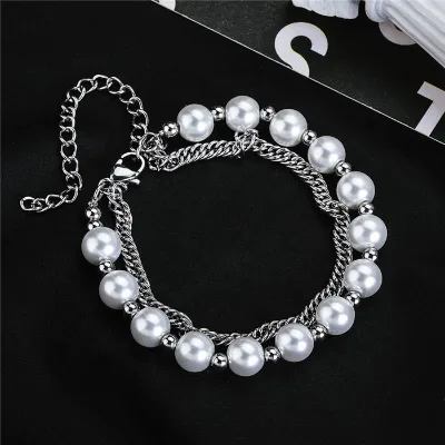 New Style Men Stainless Steel Beads Double Layer Curb Chain Pearl Beads Adjustable Bracelet Jewelry