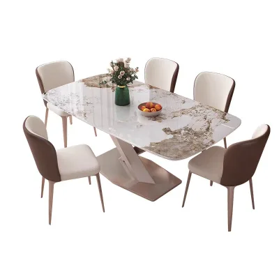 Modern Kitchen Table with White Rectangle Sintered Stone Top and Carbon Steel Base for Hotel and Home Dining 6-8 Seats