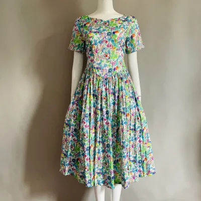 OEM Summer Retro 100% Cotton Floral Printed Vintage Dress Chiffon Heart Collar Short Sleeve Pleated Mid-Length Knee-Length Tea