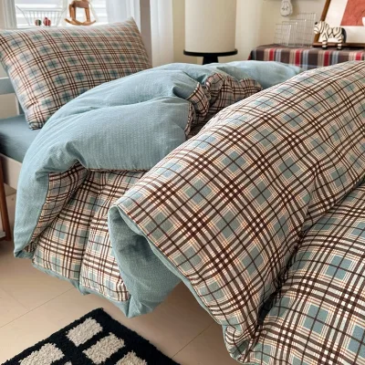 2026 New High Quality Eco-Friendly Woven Polyester Unprinted Plaid Three/Four-Piece Set Student Dormitory Home Single Bed Kit