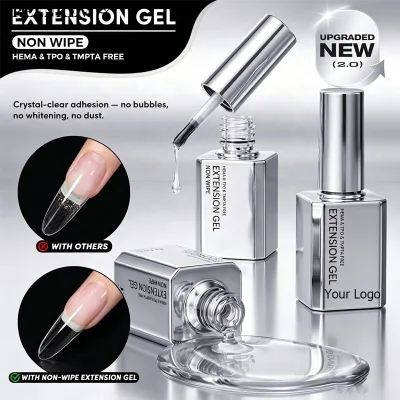 15ml 4 IN1 Silver Bottle Clear Nail Tip Gel Custom Logo HEMA and TPO Free Non Wipe UV LED Nail Extension Gel