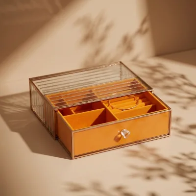 Wholesale Glass Jewelry Box with Orange Velvet Drawer, Divided Jewelry Storage Organizer and Crystal Knob for Retail