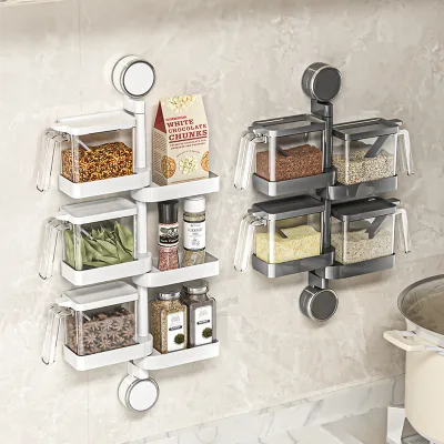 Wall Mounted Rotating Spice Rack with Plastic Sealed Seasoning Box Spice Jars and Spoon Storage Holders & Racks