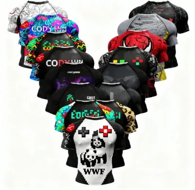 Custom Pattern Digital Printed Knitted Sporty Rashguard MMA BJJ Men OEM Short Sleeve 220 Grams Quick Dry Compressed