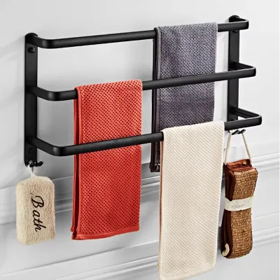 Sandblasted black aluminum hook with multiple length options. Wall-mounted design. Bathroom set.