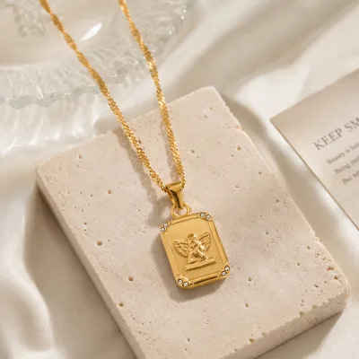 Customized Gold Plated Jewelry Necklace Angel 18K Gold Plated Chain Square Charm Necklace Gift for Women