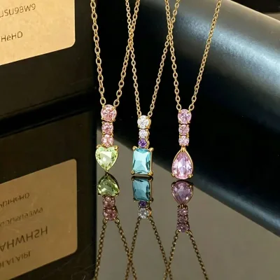 Tarnish Free Stainless Steel Waterdrop Square Colorful Zirconia Necklace for Women Waterproof CZ Pendant Jewelry Wholesale