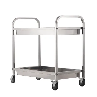 Stainless Steel Square Tube Bowl Collection Cart 2 Tier with Deep Trays U Handle 4 Swivel Casters Dish Trolley for Restaurant