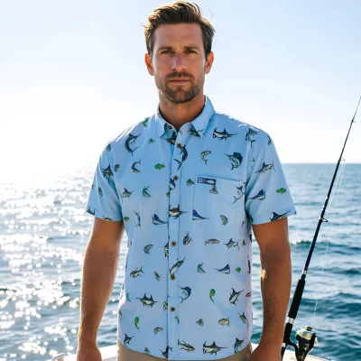 Men's Classic Plaid Solid Printed Fish Pattern Fishing Shirt Vented Sun Protection Shirt for Beach Travel & Inland Fishing