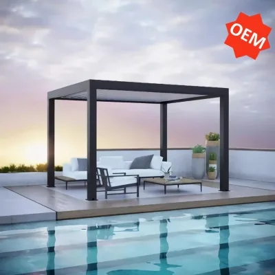 China OEM Custom Sizes Aluminum Outdoor Pavilion with Motorized Adjustable Slats and Remote Control LED Lights for Backyard