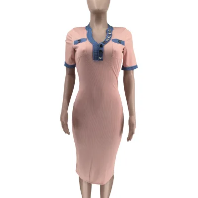2026 Summer Women's Fashion Long Skirt Patchwork Pocket Solid Color Women's V-neck T-shirt Short Sleeve Dress