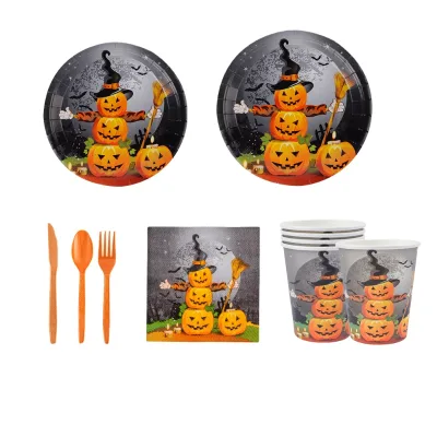 Halloween decorations, party plates, cups, and napkins sets, paper plates, disposable tableware