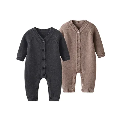 Minimalist Solid Knitted Baby Onesie Soft Breathable V Neck Long Sleeve Front Button Infant Romper Customizable Colors