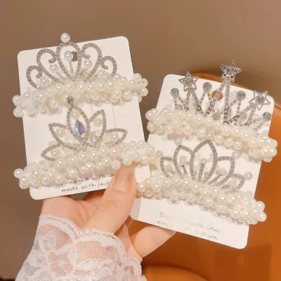 Children Pearl Princess Crown Hair Ring Baby High-Elastic Bun Hair Rope Girls Headband Non-Mosaic Hair Flower Hair Accessories