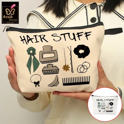 Adorable "Hair Stuff" Canvas Cosmetic Bag Practical for Hair Care Essentials