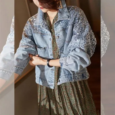 2024 Spring Summer New Fashion Sequin Jeans European Style Short Loose Slimming Top Cowboy Coat for Women