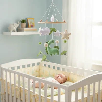 Handmade Felt Dinosaur Baby Crib Mobile with Leaves & Stars, Cute Brachiosaurus Nursery Hanging Mobile, Soft Felt Dino Mobile