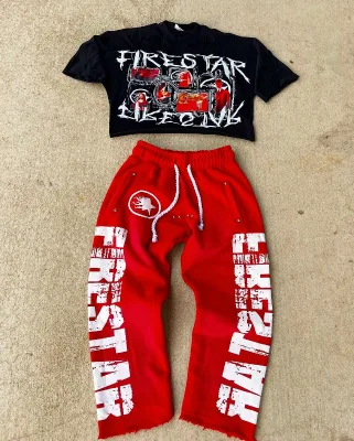 Custom Distressed Print t Shirt Flared Sweatpants Sets Cotton Streetwear Oversized Acid Wash Tracksuit for Men Summer Sweatsuit